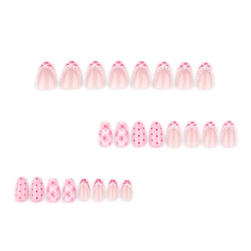Pink Press on Nails with Polka Dot Checkered Design - Lace French Tips Fake Nails Short Almond False Nails Full Cover Glossy Stick on Nails Manicure Kit for Women 24PCS - color: Style-03