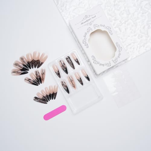 Goth Press on Nails Long Stiletto Black Fake Nails 24Pcs - color: Color-4