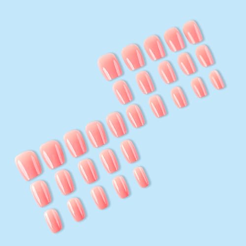 Gradient Press on Nails Short Coffin Fake Nails with Ombre Full Cover Glossy Designs Nails Press ons Pink Glue on Nails Stick on Nails for Women 30Pcs - color: pink-3