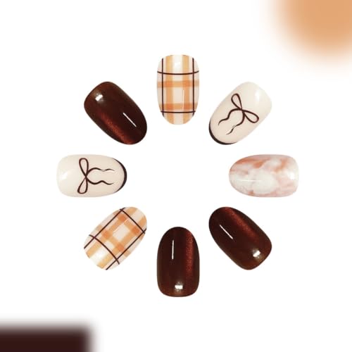 Short Oval Press on Nails, Brown Bow Plaid Marble Fake Nails, 24Pcs - color: Color-16