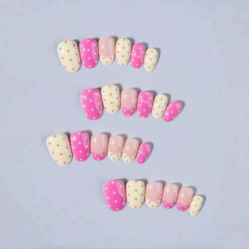 Polka Dot Short Almond Press On Nails Pink Yellow French Tip Fake Acrylic - color: BD-Pink Yellow-1