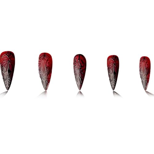 Halloween Press on Nails Medium Stiletto Almond Nails Press ons Black Red Fake Nails Full Cover Glossy Stick on Nail 3D Terror Stripe with Designs Glue on False Nail for Women 24Pcs - color: Black Red-5