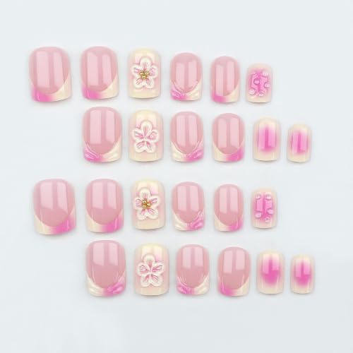 French Tip Press on Nails Square Short 3D Floral Water Drop Design - color: Ombre Pink