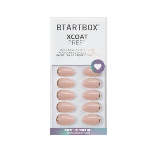 BTArtbox Press On Nails, Almond Short Nude Fake Nails, 32Pcs Full Kit - color: A-Gold End