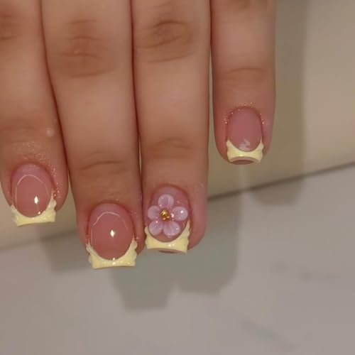French Tip Press on Nails Short Square Flower Water Ripple Design - color: Yellow Pink