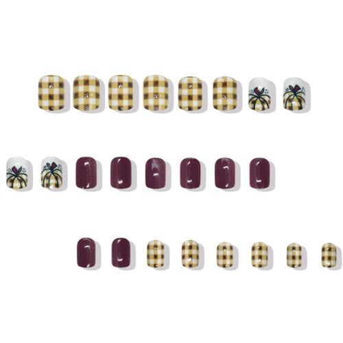 Thanksgiving Press on Nails Short Square Fake Nails Brown Checkered Full Cover Nails Press ons with Glossy Fall Pumpkin Reusable Acrylic Glue on Nails Autumn Nail for Women Thanksgiving Manicure 24Pcs - color: Color-20