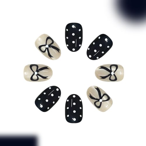 Oval Press on Nails, Short, Blue Bow, White Polka Dot, Acrylic Nails, 24Pcs - color: style-04