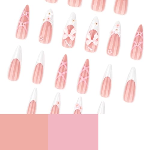 RUOKEXIN Long Almond Press on Nails French Tip Fake Nails Pink False Nails with 3D Bow Flower Designs Stiletto Nail Press ons Sparkly Artificial Nails for Women 24Pcs - color: Almond Style 11-14