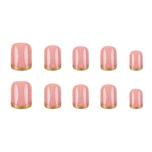 Gold French Tip Press On Nails Short Square Fake Nails Pink False Nails With Glitter Design Acrylic Glue On Nails Reusable Nails Press Ons For Women Girls - color: short square nails-1