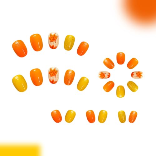 Fall Press on Nails Short Oval, Maple Leaves, Yellow, Orange - color: Style-22