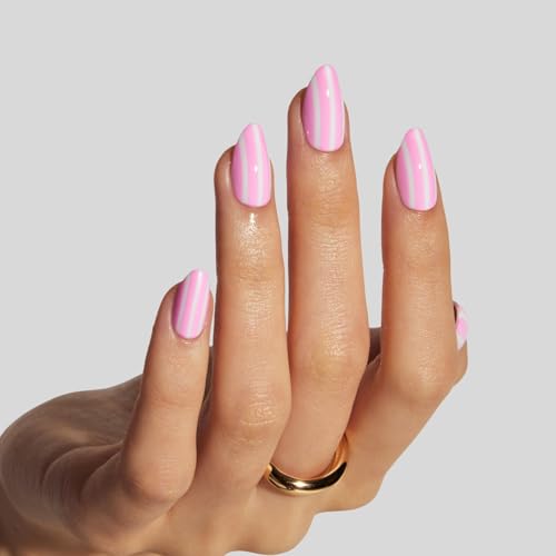 LAMIMOSA 32Pcs White Striped Pink Press On Nails Short Almond, CANDY - color: CANDY
