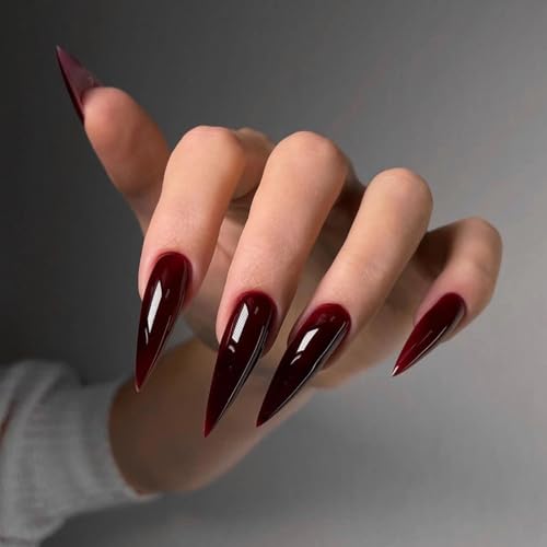 MISUD Press on Nails - Long Stiletto Fake Nails with Goth Red, Acrylic Gothic Vampire Design 24 pcs - color: 02305-11Burgundy