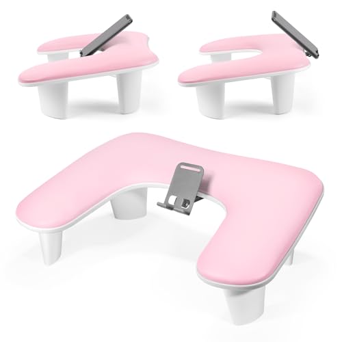 LIONVISON Arm Rest for Nails Tech: U Shaped Ergonomic Nail Hand Rest Stand PU Leather with Rotating Phone Holder for Nail Salon Manicurist (Pink) - color: Pink with Phone Holder
