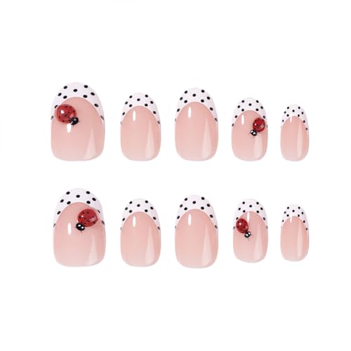 3D Short Oval French Tip Press‑On Nails — Nude Pink with White Polka Dots & Cute Ladybug, Glossy Acrylic Stick‑On Reusable Full‑Cover False Nails for Women & Girls — Easy‑Apply Tabs, Salon‑Quality - color: Polka-dot ladybug