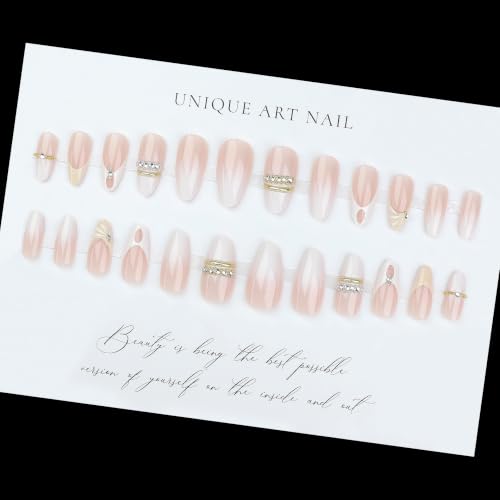 24Pcs Medium Almond Press on Nails White French Tip Nude Acrylic Fake Nails with 3D Gold Beads Rhinestone Chain Designs False Nails Luxury Elegant Full Cover Glossy Glue on Nail Manicure for Women - color: style09