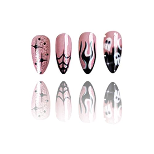 Halloween Press on Nails Medium Almond Fake Nails Ghost Flame False Nails - color: Style 5