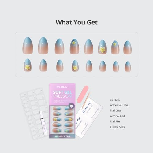 BTArtbox Press On Nails, Short Almond Blue Fake Nails, 32Pcs Full Kit - color: A1-Garden Party