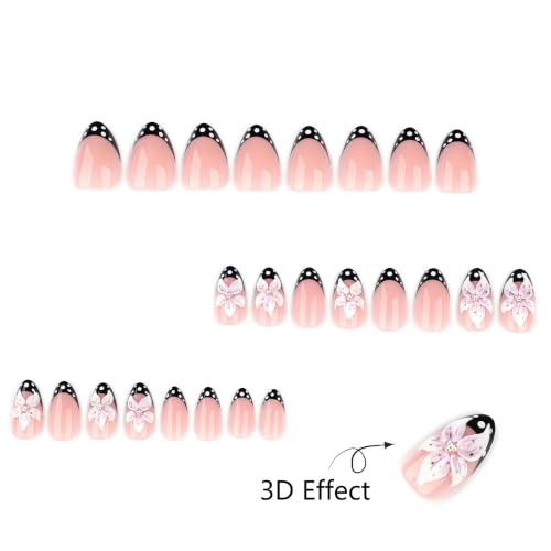 Medium Almond Press On Nails, Nude Pink Fake Nails with 3D Flower Design, Black French Tips and White Polka Dot Accents, Glossy Reusable Glue On Nails for Women Daily Wear Party, 24PCS - color: 3D-70-Pink Blossom Dots