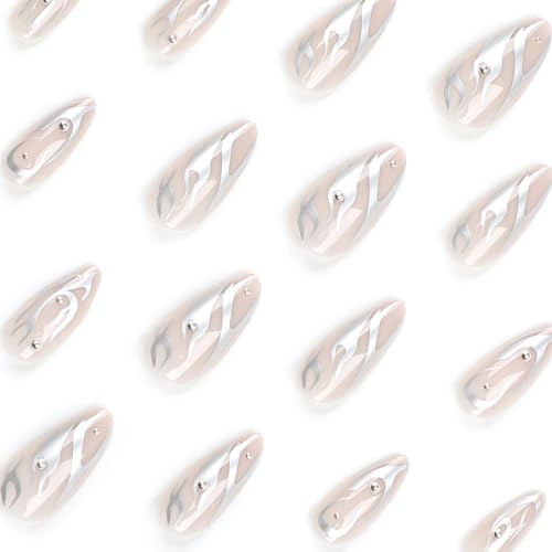 MISUD Press on Nails - Medium Almond Glue on Nails with Silver Chrome, Acrylic 3D Pearl Design 24 pcs - color: 11206Silver