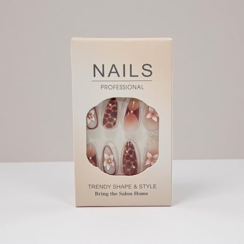 Brown Flower Press On Nails Medium Almond Fake Nails Floral False Nails With Gold Pearl Design Reusable Acrylic Nails Press Ons Full Cover Glossy Glue On Nails For Women Manicure 24Pcs - color: Design-26