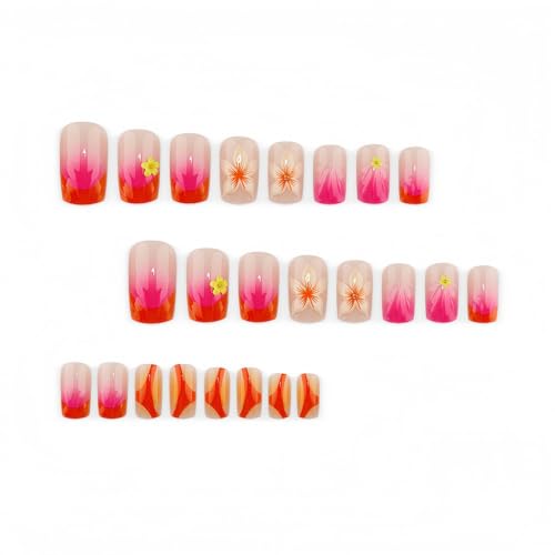 Press on nails Medium Square Flower&Water Ripple Design - color: Orange Pink Yellow