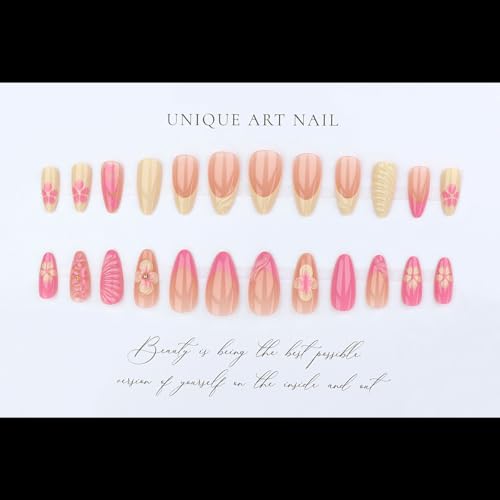 Medium Almond Press on Nails - Pink & Yellow French Tip - color: D-57