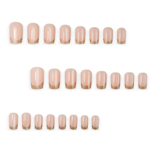 French Tip Press on Nails Medium Square Cat Eye Design - color: Gold