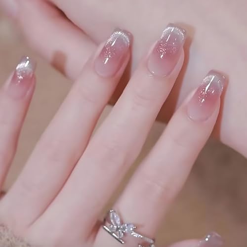 Cat Eye Press on Nails Short Coffin Fake Nails with Glitter Designs Nails Press ons Pink Glue on Nails Cute False Nails Glossy Stick on Nails for Women 24Pcs - color: pink-2