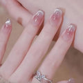 Cat Eye Press on Nails Short Coffin Fake Nails with Glitter Designs Nails Press ons Pink Glue on Nails Cute False Nails Glossy Stick on Nails for Women 24Pcs - color: pink-2
