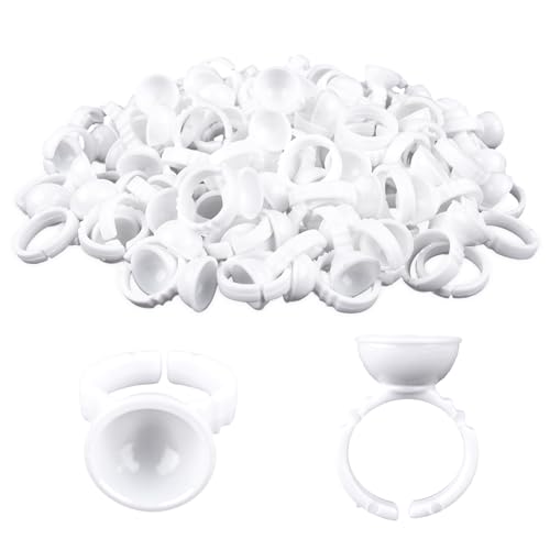 G2PLUS 100PCS Disposable Plastic Nail Art Tattoo Glue Rings Holder, Eyelash Extension Rings, Adhesive Pigment Holders Finger Hand Beauty Tools (White) - color: White