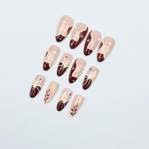 Fall Medium Almond Press On Nails Brown Pumpkin Fake Nails - color: Halloween26-Brown-14