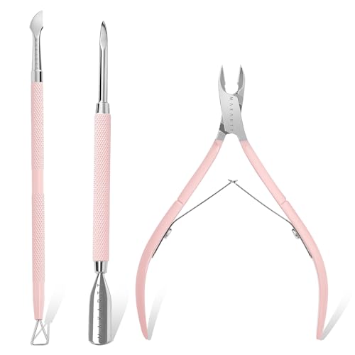 Makartt 3 Pcs Pink Cuticle Nipper Set, Stainless Steel Pusher & Scraper - size: Pink-3pcs