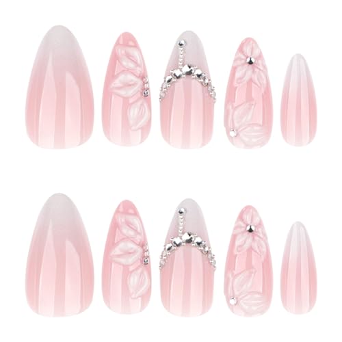 Medium Almond Press on Nails - White Ombre with 3D Embossed Floral & Rhinestone, Full Cover Glossy Fake Nails 24PCS for Women - color: D-52