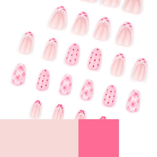 Pink Press on Nails with Polka Dot Checkered Design - Lace French Tips Fake Nails Short Almond False Nails Full Cover Glossy Stick on Nails Manicure Kit for Women 24PCS - color: Style-03
