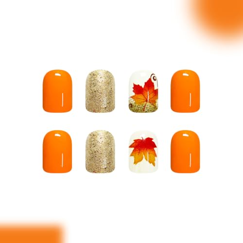 Fall Glitter Press On Nails Short Square Fake Nails Orange Maple Leave - color: design-11