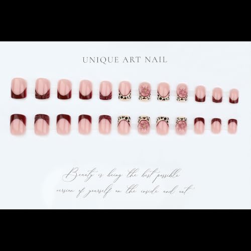 French Tip Press on Nails Short Square Leopard Flower Design - color: Red Black Glod