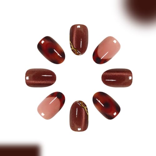 Short Oval Press on Nails for Women, Glossy Brown Fake Nails, 24Pcs - color: Color-28