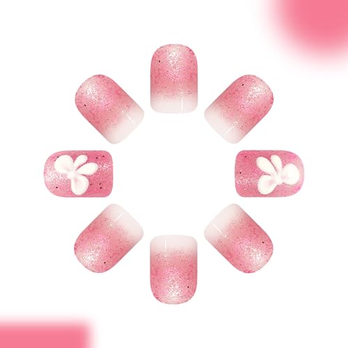 Pink Press On Nails Short Square Fake Nails With Bow Design Pink Glitter False Nails Gradient Nail Press Ons Glossy Full Cover Reusable Acrylic Glue On Nails For Women - color: short square nails-9