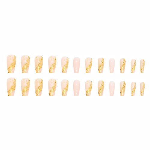MISUD Press on Nails - Long Coffin Glue on Nails with Bling Gold Glitter, Acrylic Nude Pink Design 24 pcs - color: 019A06-02Gold