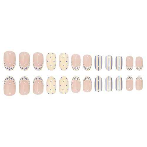 Polka Dot Press On Nails Short Almond Fake Nails French False Nails With Blue Stripe Design Reusable Acrylic Nail Press Ons Glossy Full Cover Glue On Nails For Women Manicure 24Pcs - color: Design-16