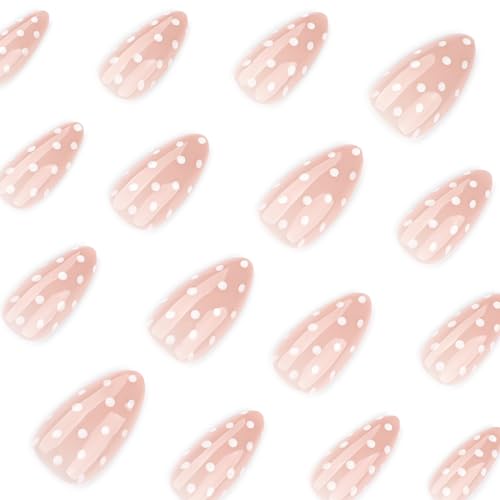 White Polka Dot Press on Nails Medium Almond Fake Nails Glossy Finish False Nails with Design Cute Artificial Stick on Nail Reusable Full Cover Glue on Nail for Women Girls Manicure 24Pcs - color: Style-15