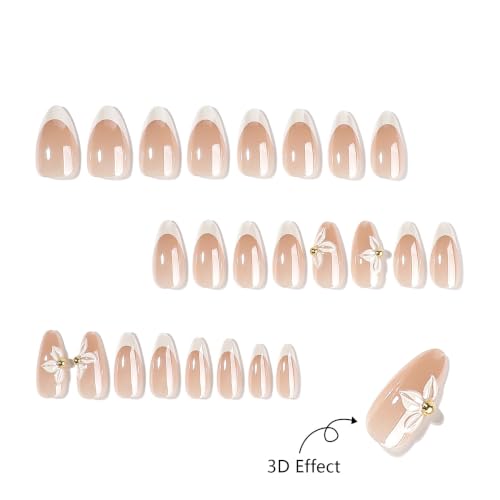 Medium Almond Press On Nails, White French 3D Flower Fake Nails - color: 098-Pearl Ivory Blush