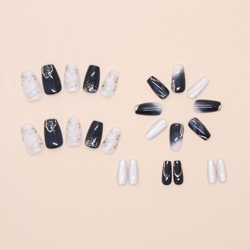 Cat Eye Press on Nails Short Coffin Fake Nails with Flower Glitter Gradient Designs Nails Press ons Silver Blue White Glue on Nails Summer Glossy Stick on Nails for Women 24Pcs - color: silver blue white