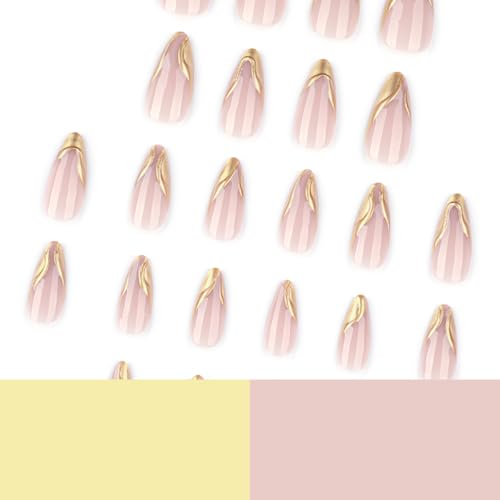 Gold Press on Nails - Medium Almond Fake Nails - color: Color-22