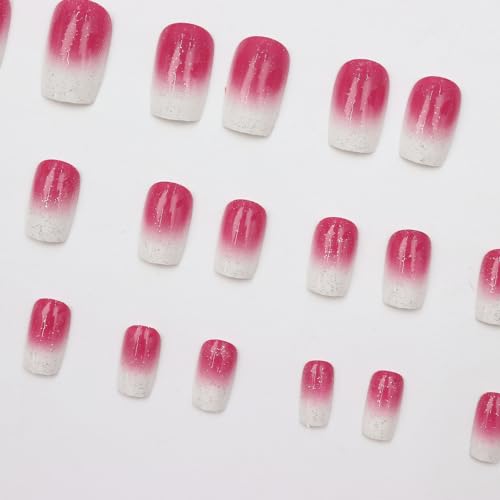 Pink Ombre Press on Nails Medium Square Fake Nails with Glitter Designs White Nails Press ons Cute Glue on Nails Acrylic False Nails Gradient Stick on Nails for Women 24Pcs - color: Glitter Designs