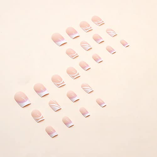 French Tip Press on Nails Medium Square Fake Nails Sweet White Nail Tips Designs Full Cover Square Shape False Nails Nude Acrylic Glue on Nails Medium Length for Women Girls, 24PCS - color: Style1