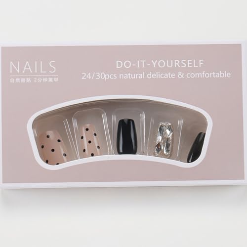Polka Dots Press on Nails Medium Square Fake Nails with Rhinestone Glitter Designs Black Nails Press ons Glossy Glue on Nails Small Stick on Nails for Women 30Pcs - color: Rhinestone Glitter Designs
