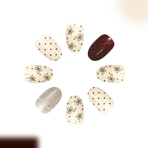 Short Oval Press on Nails for Women, Brown Fall Fake Nails, 24Pcs - color: Color-33