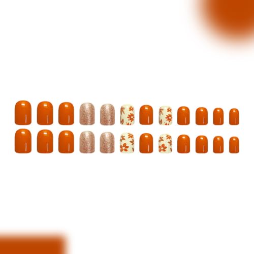 Fall Press on Nails Square, Flower Maple Leaf Design, Short, Glitter 24Pcs - color: Style-25