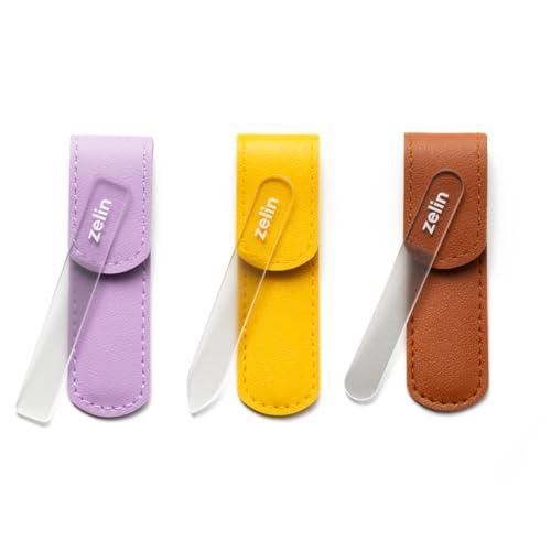 zelin Glass Nail File with Leather Case, 3 Pcs Single-Sided Mini Nail Files
